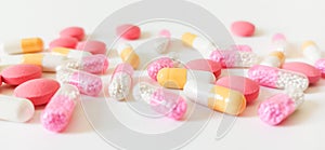 Variety of pills and pharmaceutical products, Shot of multiple pills on white background photo