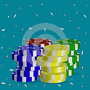 A variety of poker chips of different value,flying silver serpantine.Vector illustration