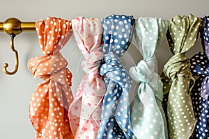 a variety of polkadotted spring scarves on a brass rack