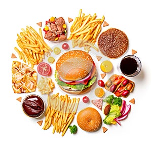 Variety of popular fast-food items, each isolated on a crisp white background.