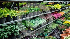 Variety of potted succulents on shelves. Indoor plants shop. Gardening and home decor concept