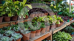 Variety of potted succulents on shelves. Indoor plants shop. Gardening and home decor concept