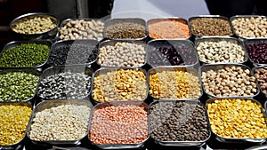 A variety of pulses for sale at the spice market in old delhi