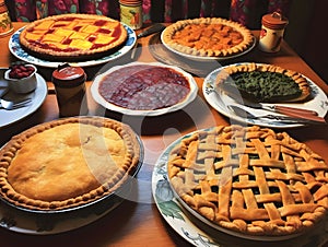 A variety of pumpkin pies on a wooden table top. Pumpkin as a dish of thanksgiving for the harvest