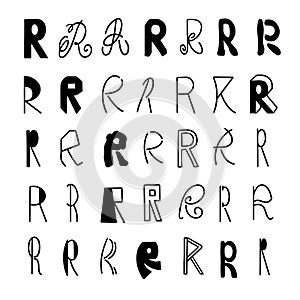 Variety of R Letter Designs in Different hand drawn Fonts and Styles on a White Background