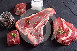 Variety of raw beef meat steak