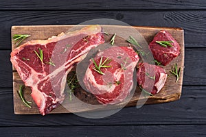 Variety of raw beef meat steak