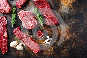 Variety,  of raw beef steaks  flap flank Steak, machete steak or skirt cut, Top blade or flat iron beef and tri tip, triangle