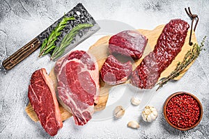 Variety of raw black angus beef meat steaks fillet Mignon, rib eye or cowboy, Striploin or new york, skirt or machete