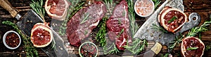 Variety of raw black angus prime meat steaks beef rump steak, Tenderloin fillet mignon for grilling on old meat cleaver on dark