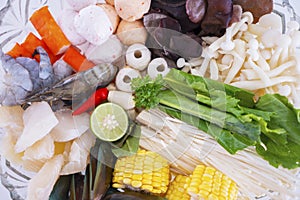 Variety raw ingredients for a shabu shabu