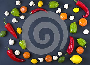 Variety of raw vegetables, culinary concept. Assortment of vegetables and herbs on grey stone background. Top view. Copy space. Di
