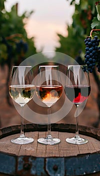 Variety of red, white, and rose wines presented on wooden barrel in charming vineyard ambiance