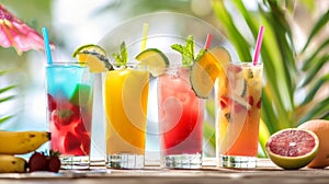 A variety of refreshing mocktails displayed on a beachthemed bar including fruity blends and tropical flavors