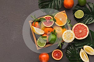 Variety of ripe citruses on gray background