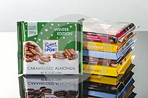 Variety of Ritter Sport chocolate bars.