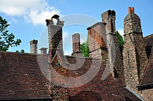 Variety of rooftop chimneys of Bruges building