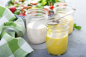 Variety of salad dressings in glass jars photo