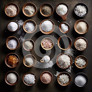 Variety of Salts in Wooden Bowls on Dark Background