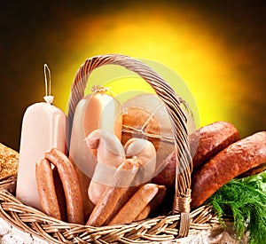 Variety of sausage products in basket.