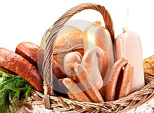 Variety of sausage products in basket.