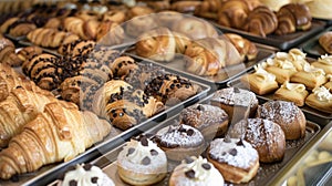 A variety of savory and sweet pastries from flaky croissants to indulgent chocolate chip cookies inviting visitors to