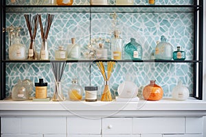 variety of scented diffusers on a glass shelf