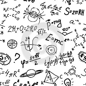 Variety of scientific symbols, formulas and equations on white background. Seamless vector pattern