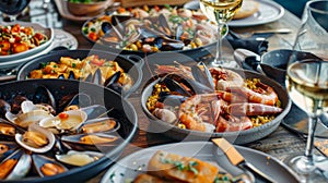 Variety of seafood dishes showcased with glasses of white wine for an exquisite dining experience