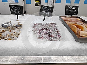 Variety of seafood displayed at supermarket