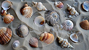 Variety of seashells on sandy beach capturing coastal beauty and natural patterns