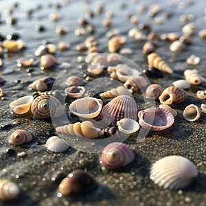 The image captures the shells glistening under sunlight with the