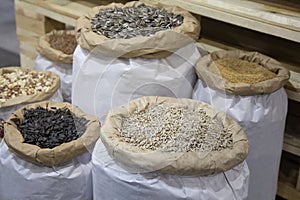 Variety of seeds in paper bags