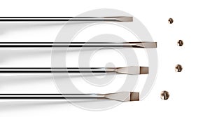 Variety of sizes of slotted screwdrivers. Set tip, objects close-up. Vector illustration