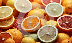 Variety of sliced citrus fruits on white background. Close-up Grapefruit slices abstract background. Bright summer texture. Juicy