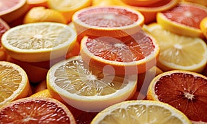 Variety of sliced citrus fruits on white background. Close-up Grapefruit slices abstract background. Bright summer texture. Juicy