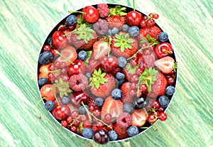 Variety of soft fruits, strawberries, raspberries, cherries, blueberries, currants