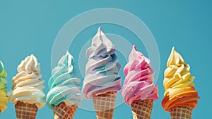 Variety of soft serve ice cream cones against a blue sky