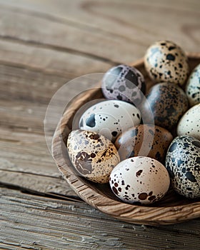 Variety of speckled quail eggs in wooden bowl on rustic table, concept of organic farming and Easter tradition.