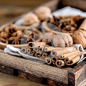 Variety of Spices Anise Stars Cinnamone Sticks Nuts Christmas Ingredients for Cake Square photo
