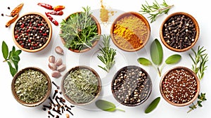 A variety of spices and herbs are displayed in bowls on a white background. The spices include cumin, pepper. bowls are arranged