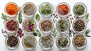 A variety of spices and herbs are displayed in bowls on a white background. The spices include cumin, pepper. bowls are arranged