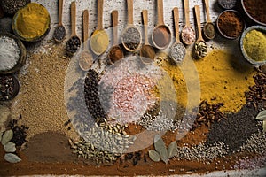 Variety of spices and herbs on kitchen table