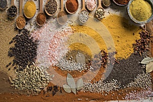 Variety of spices and herbs on kitchen table