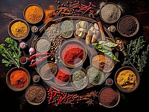 variety of spices and herbs splayed out over a tabel , generated by AI