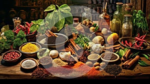 variety of spices and herbs splayed out over a tabel , generated by AI