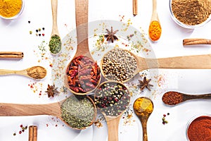 Variety of spices and herbs in spoons and bowls on white background. Top view. Cooking ingredients and condiments concept