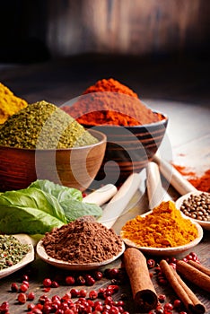 Variety of spices on kitchen photo