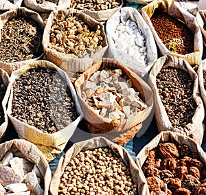 Variety of spices in local market in Pushkar