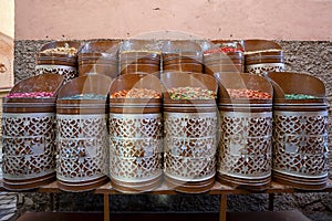 Variety of spices in medina of Marrakech, Morroco, North Africa